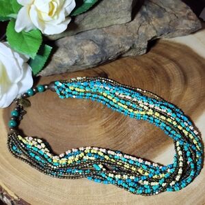 ZAD Vintage Statement Necklace With Multi-Color Beads And Bronze Toned Accents